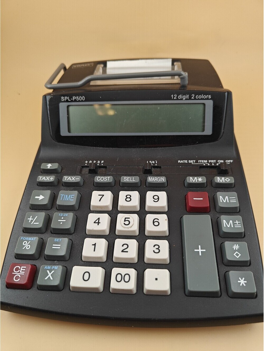 Staples SPL-P500 Printing Calculator 12 Digit 2 Color Cord Battery Used